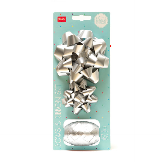 SET OF TWO BOWS AND A RIBBON - BOWS & RIBBON SET - SILVER / PACK DE 6