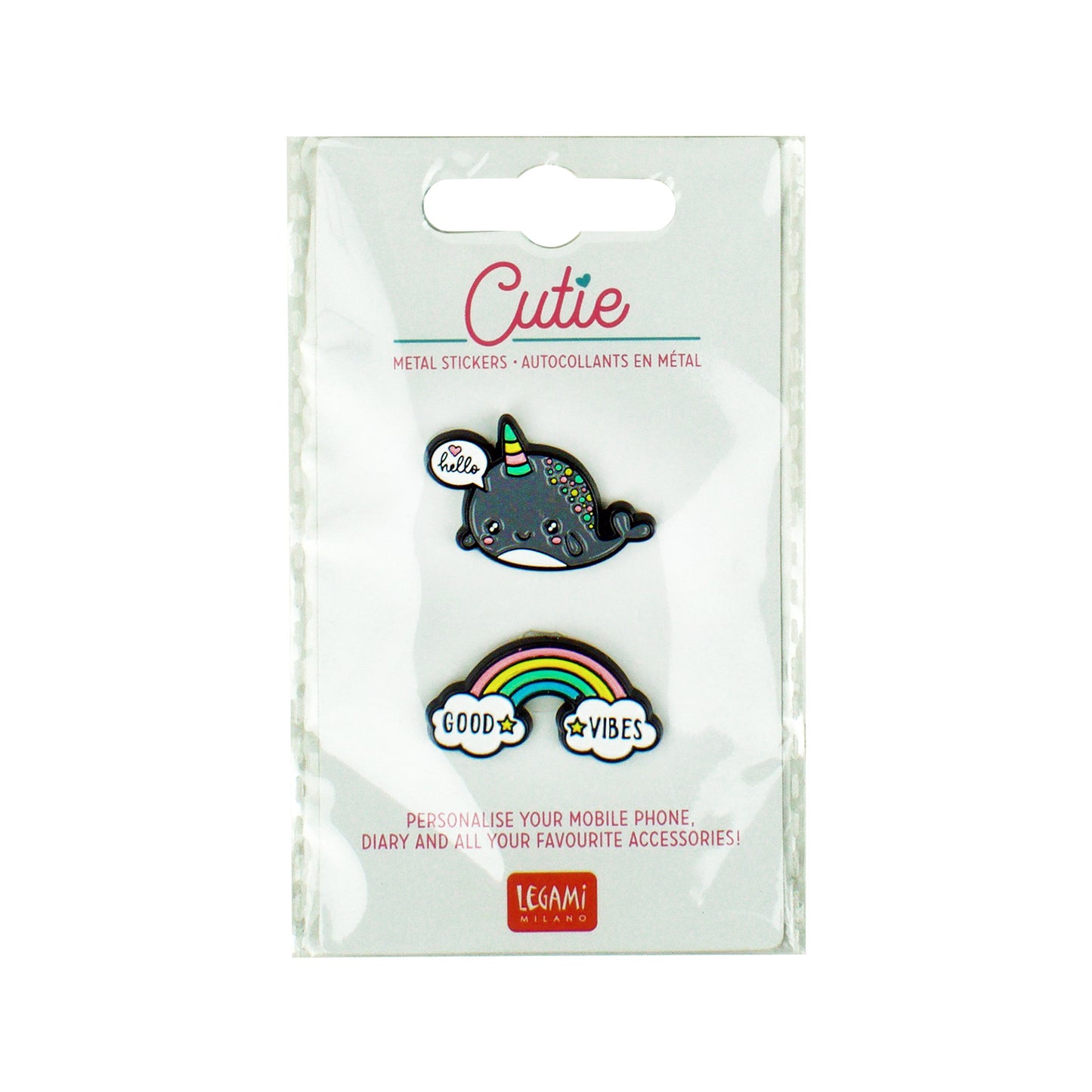 SET OF 2 METAL STICKERS - CUTIE - NARWHAL + RAINBOW / PACK DE 10