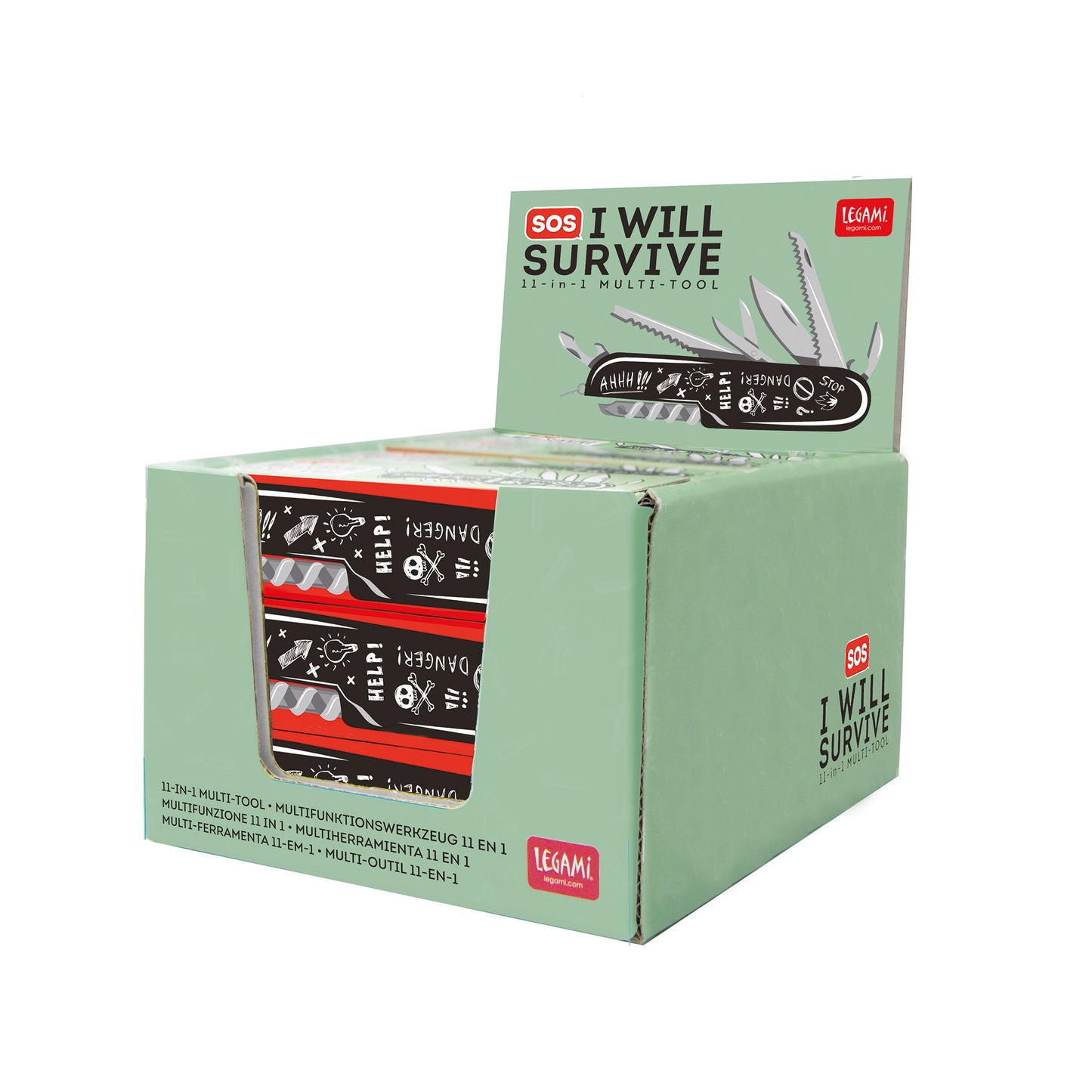 11-IN-1 MULTI-TOOL KNIFE - SOS I WILL SURVIVE / PACK DE 12