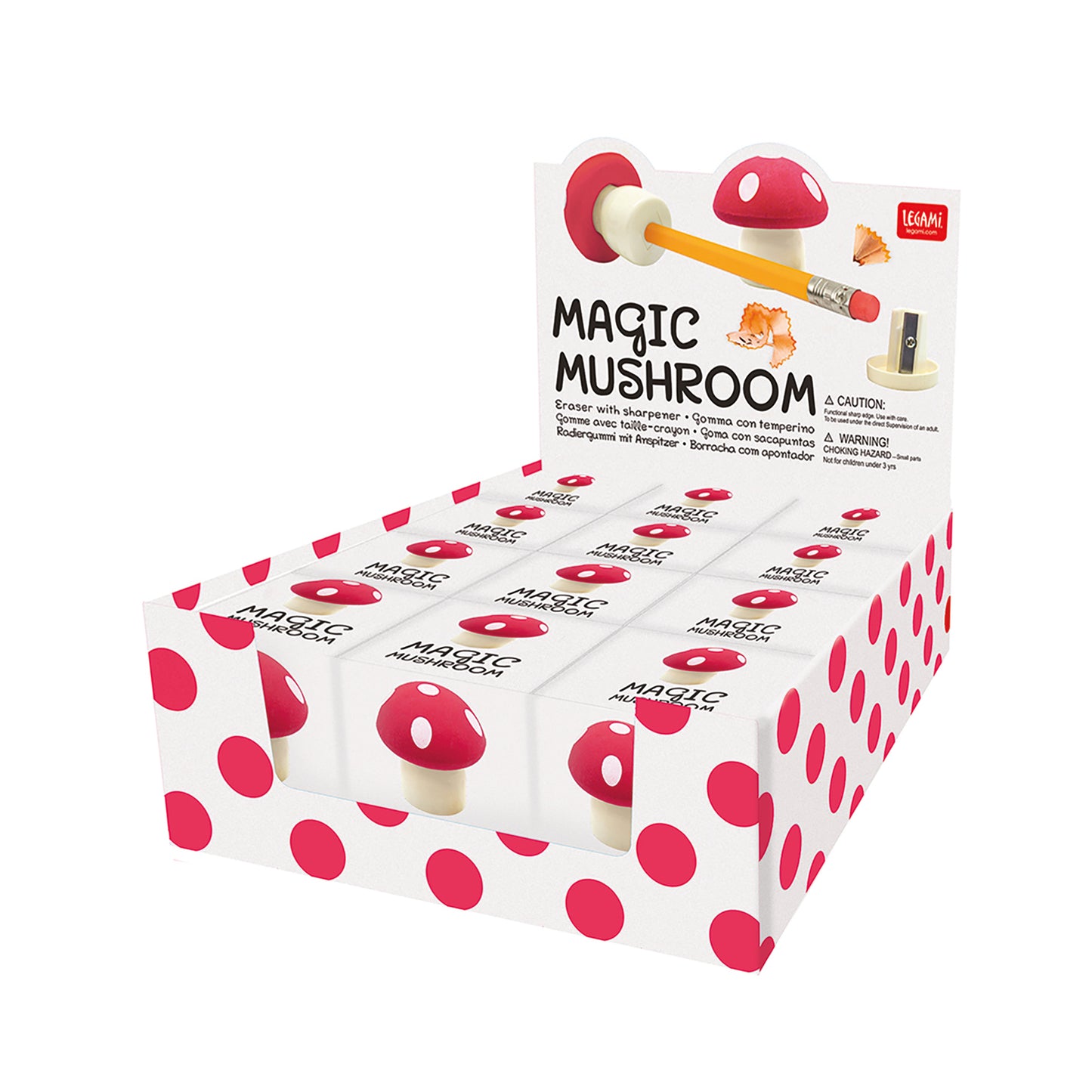 PENCIL SHARPENER W/ERASER - MAGIC MUSHROOM - RED - MUSHROOMS / PACK DE 12
