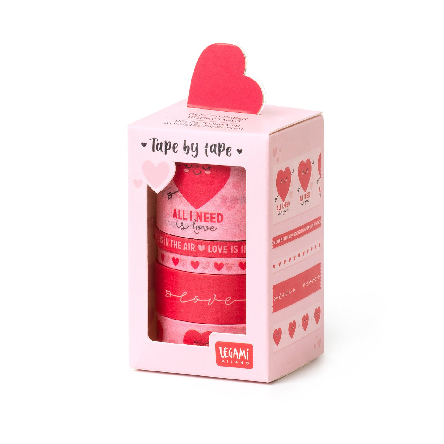 SET OF 5 PAPER STICKY TAPES - TAPE BY TAPE - HEART / PACK DE 6