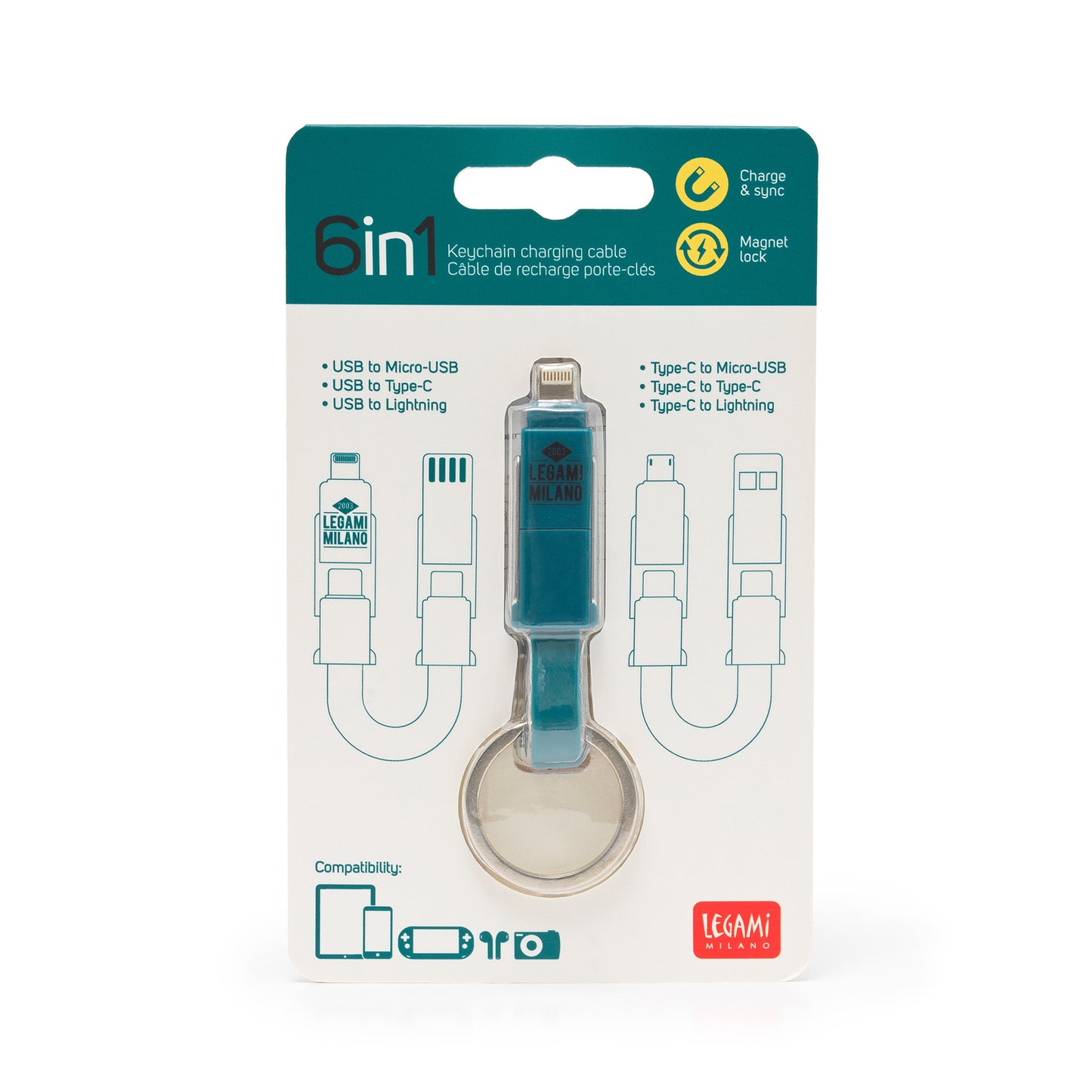 6-IN-1 KEYCHAIN CHARGING CABLE - 6 IN 1 KEYCHAIN CHARGING CABLE - PETROL BLUE / PACK DE 6