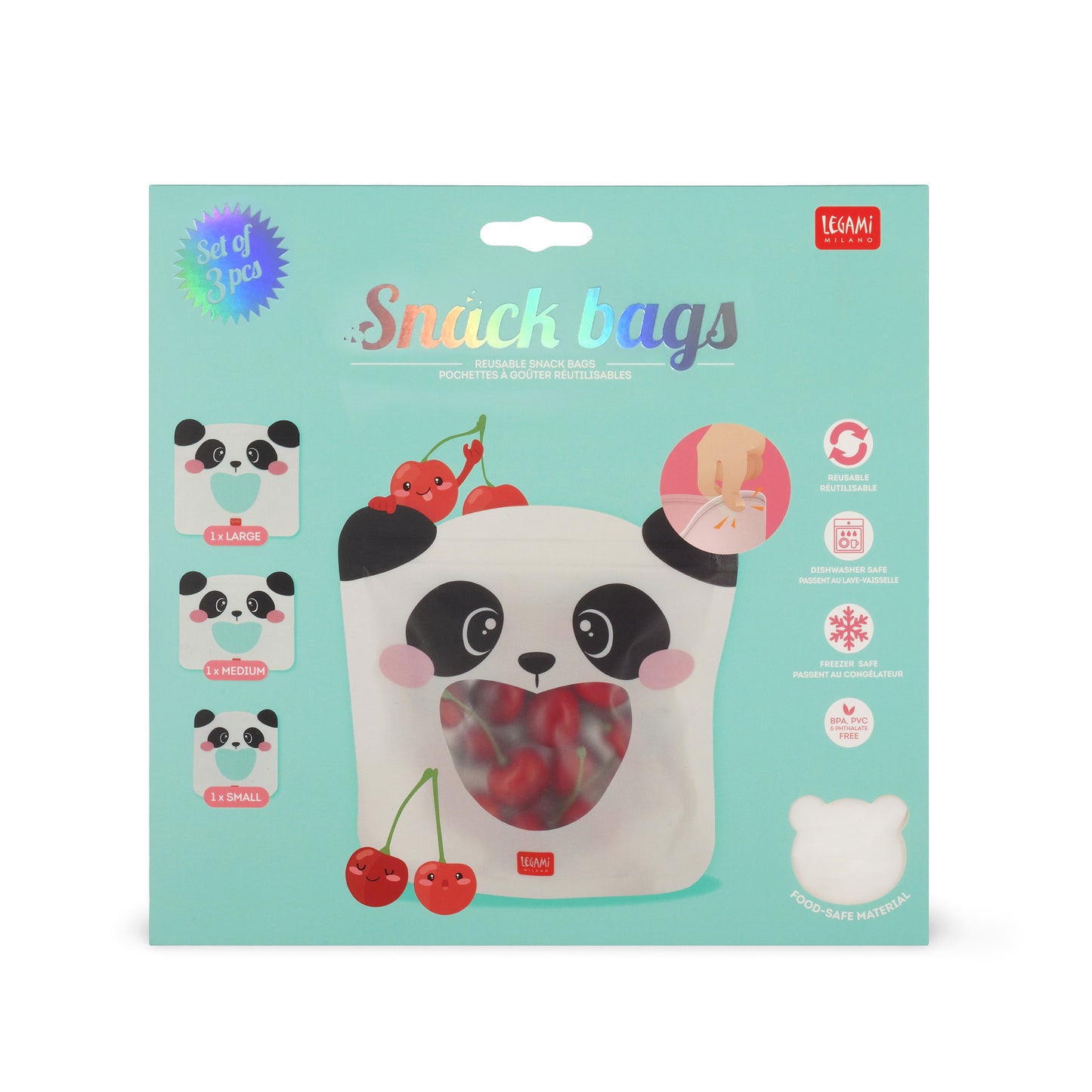 SET OF 3 REUSABLE SNACK BAGS - SNACK BAGS - PANDA / PACK DE 6