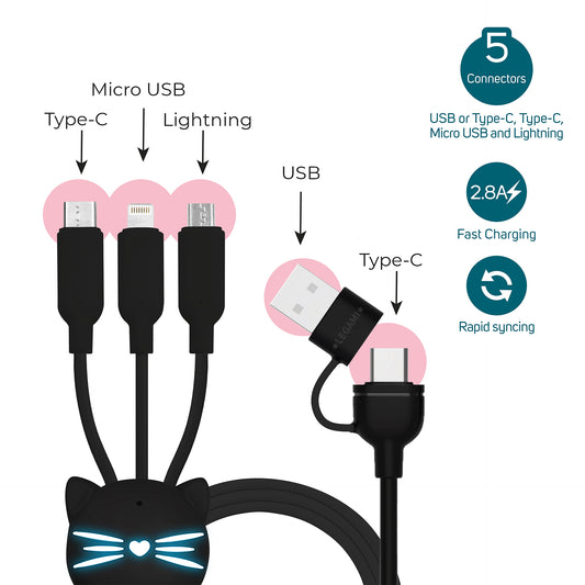 3-IN-1 CHARGING SYNCHR. CABLE - THREE HUGS - KITTY / PACK DE 4