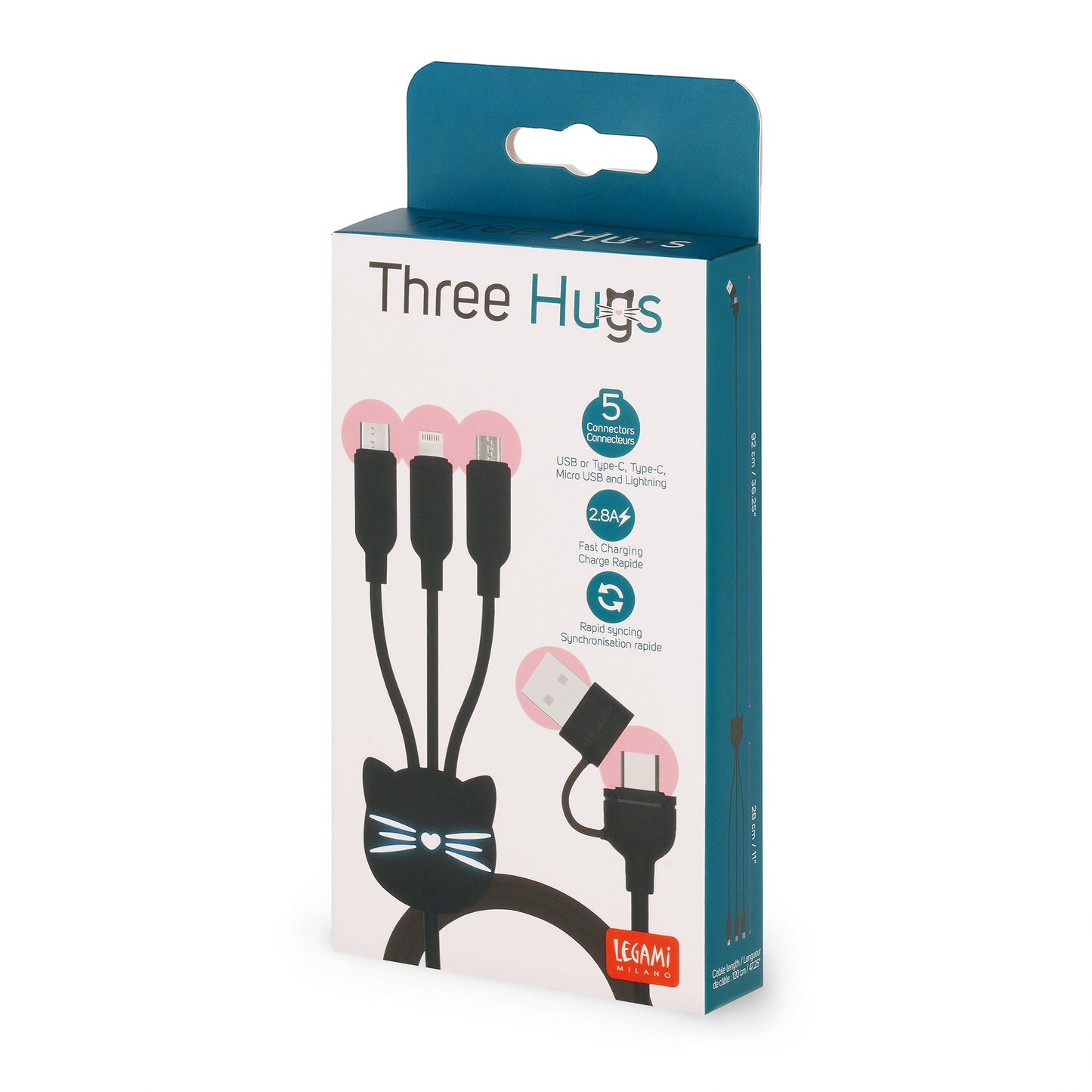 3-IN-1 CHARGING SYNCHR. CABLE - THREE HUGS - KITTY / PACK DE 4
