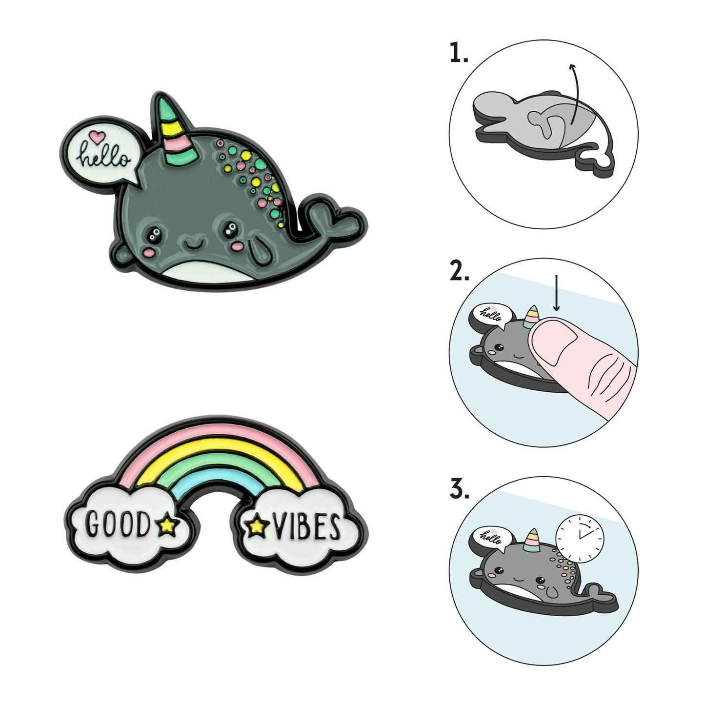SET OF 2 METAL STICKERS - CUTIE - NARWHAL + RAINBOW / PACK DE 10