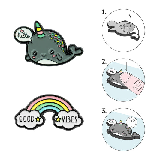 SET OF 2 METAL STICKERS - CUTIE - NARWHAL + RAINBOW / PACK DE 10