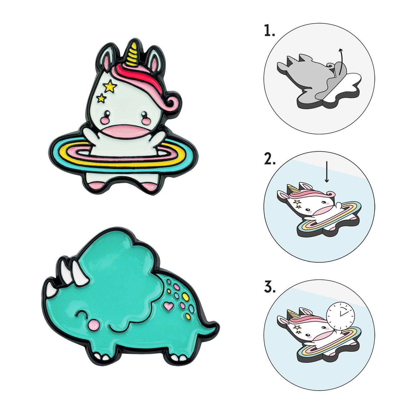 SET OF 2 METAL STICKERS - CUTIE - UNICORN + DINOSAUR / PACK DE 10