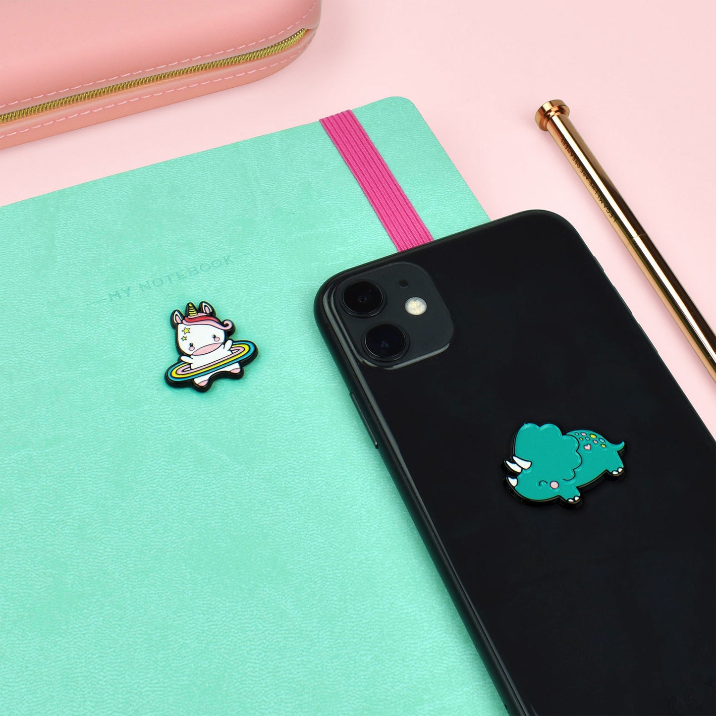 SET OF 2 METAL STICKERS - CUTIE - UNICORN + DINOSAUR / PACK DE 10