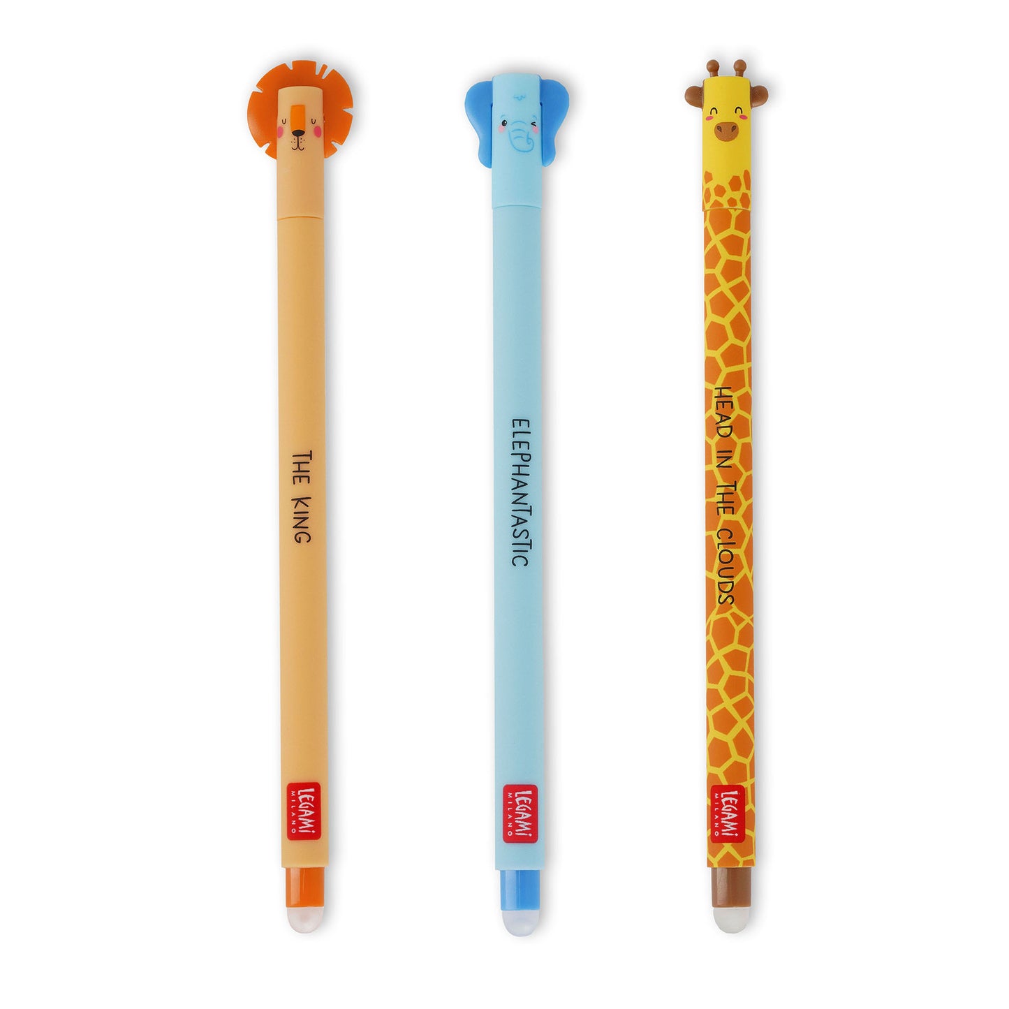 SET OF 3 ERASABLE GEL PENS - WILD SAVANNAH - LION + ELEPHANT + GIRAFFE / PACK DE 12