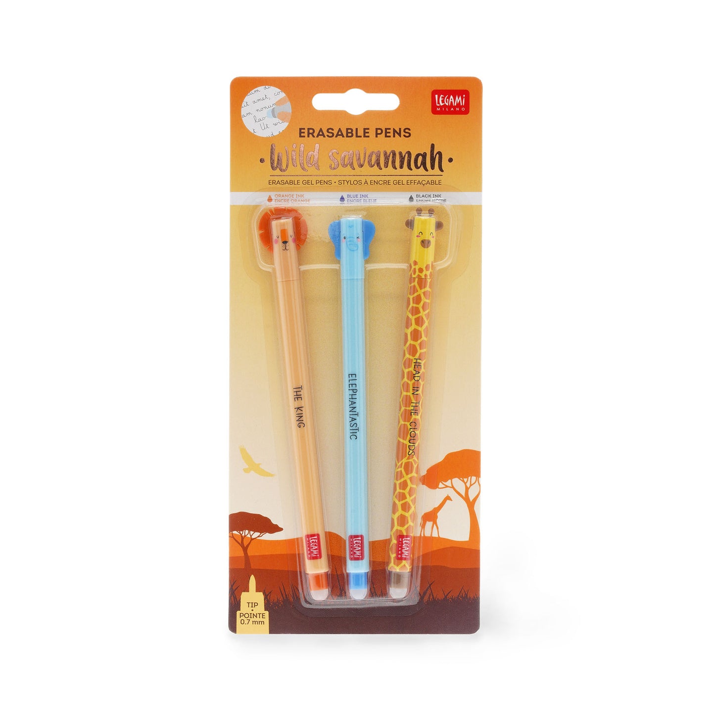 SET OF 3 ERASABLE GEL PENS - WILD SAVANNAH - LION + ELEPHANT + GIRAFFE / PACK DE 12