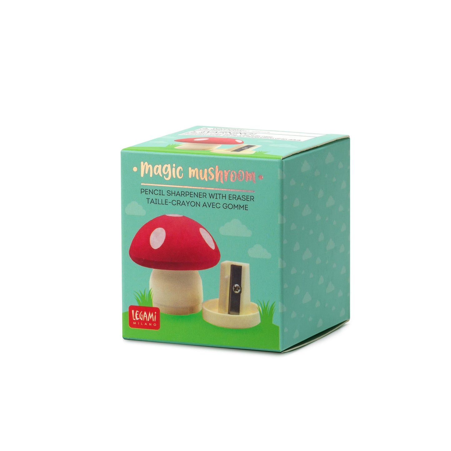 PENCIL SHARPENER W/ERASER - MAGIC MUSHROOM - RED - MUSHROOMS / PACK DE 12
