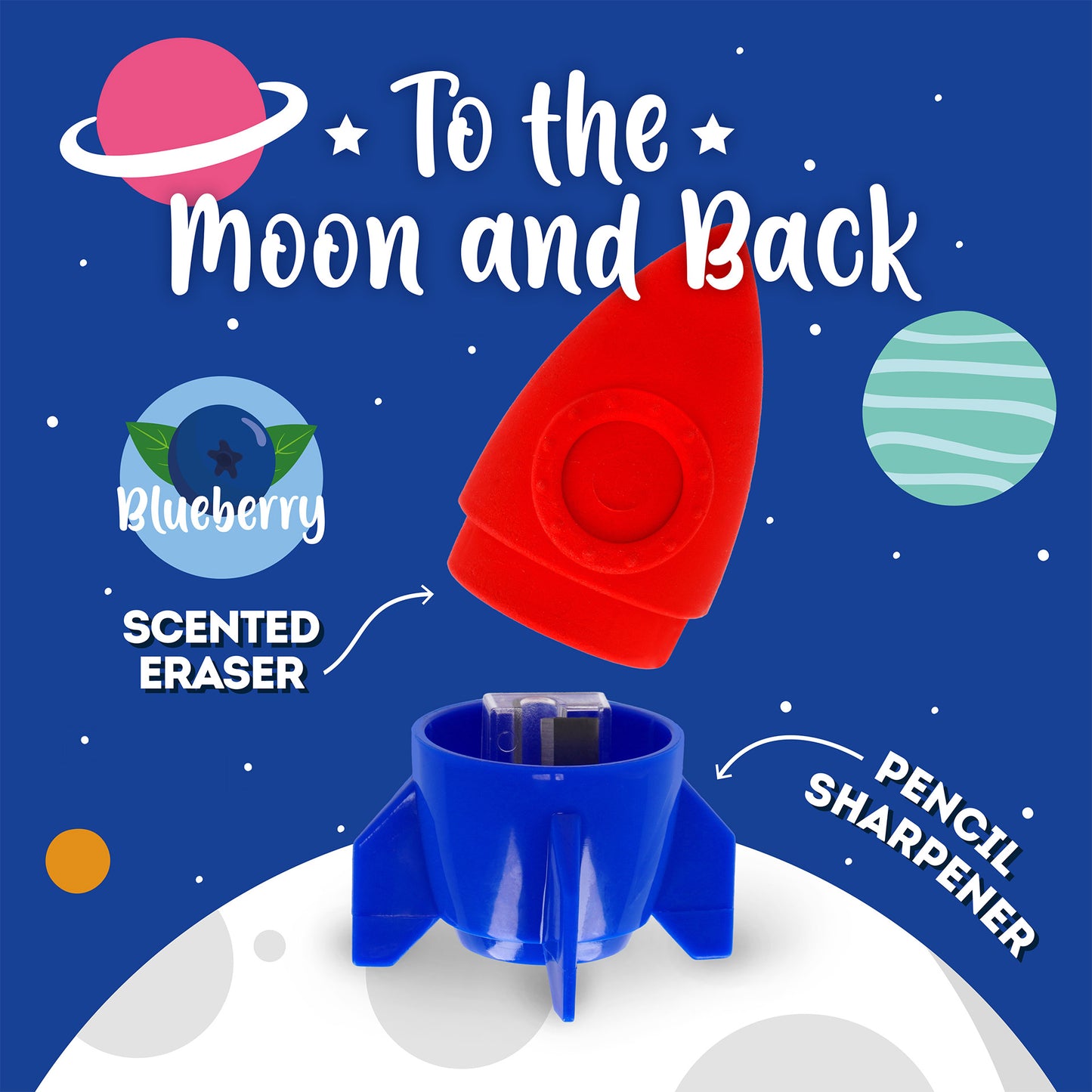PENCIL SHARPENER W/ERASER - TO THE MOON AND BACK - SPACE / PACK DE 12