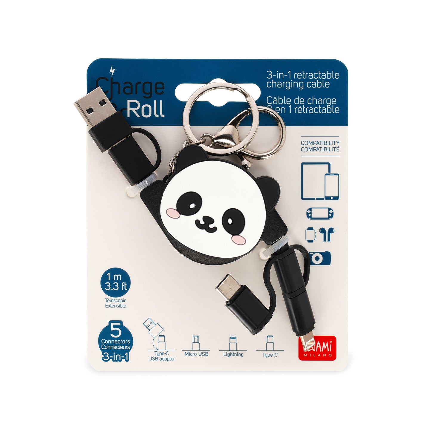 3-IN-1 RETRACT. CHARGING CABLE - CHARGE 'N ROLL - PANDA / PACK DE 4