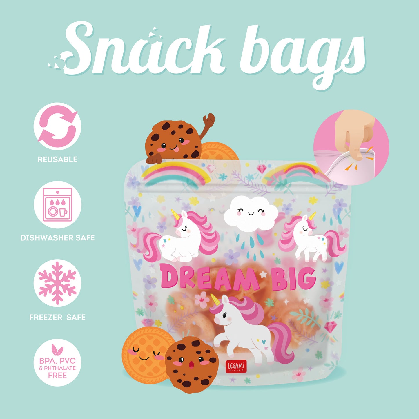 SET OF 3 REUSABLE SNACK BAGS - SNACK BAGS - UNICORN / PACK DE 6