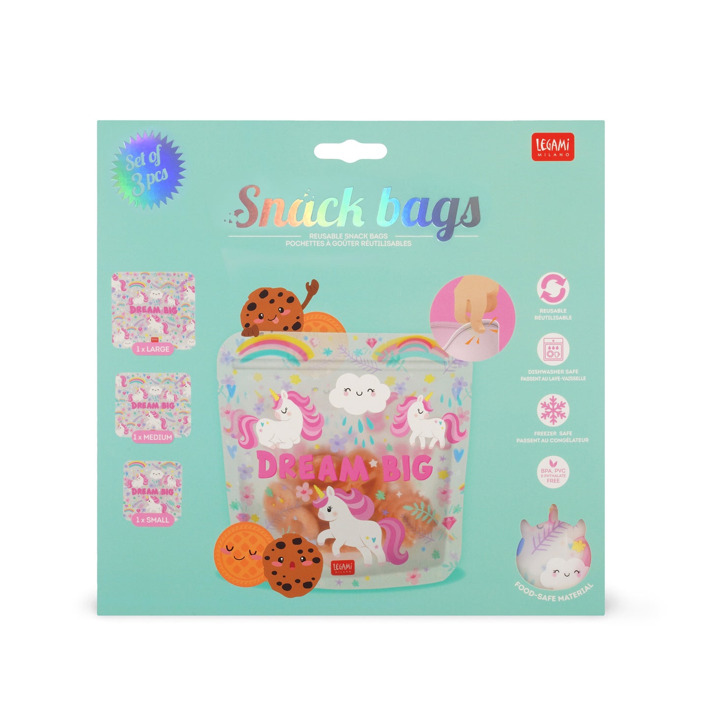 SET OF 3 REUSABLE SNACK BAGS - SNACK BAGS - UNICORN / PACK DE 6