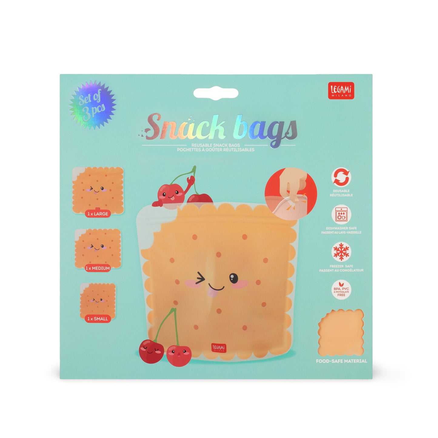 SET OF 3 REUSABLE SNACK BAGS - SNACK BAGS - COOKIE / PACK DE 6